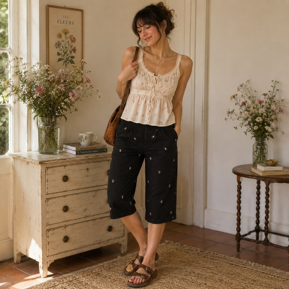 Sag Harbor‎ Capri Black Embroidered Floral Granny Pants Cottagecore Size 12